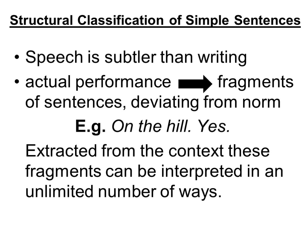 Structural Classification of Simple Sentences Speech is subtler than writing actual performance fragments of